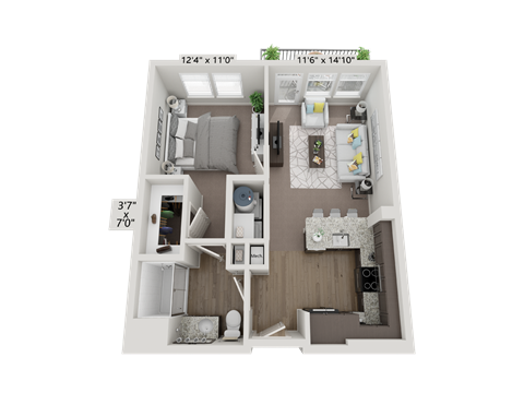Floor plan for 1 bed, 1 bath, 615 sqft
